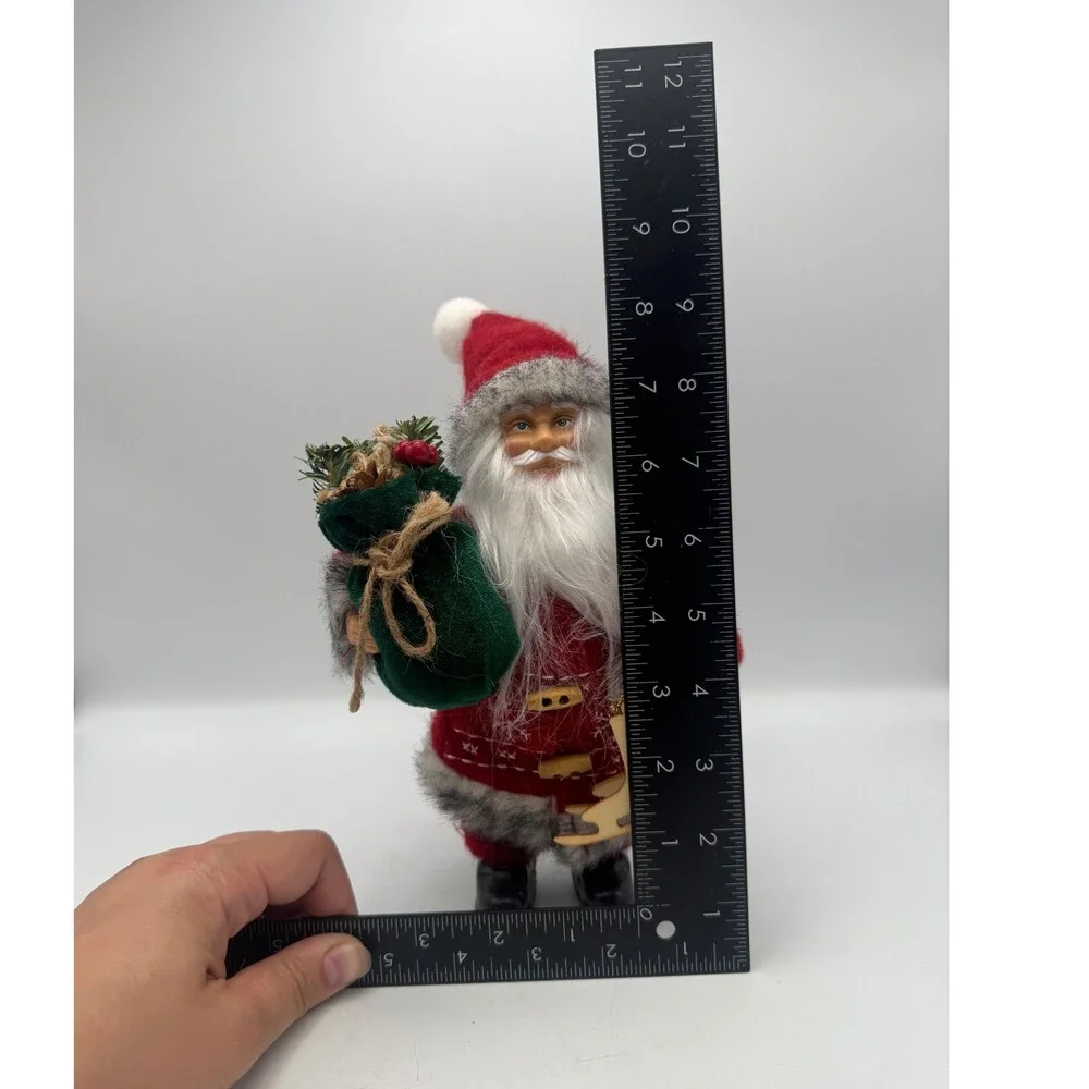 Santa Claus Figurine Red Felt Suit with Ice Skates and Green Toy Bag 8 Inch